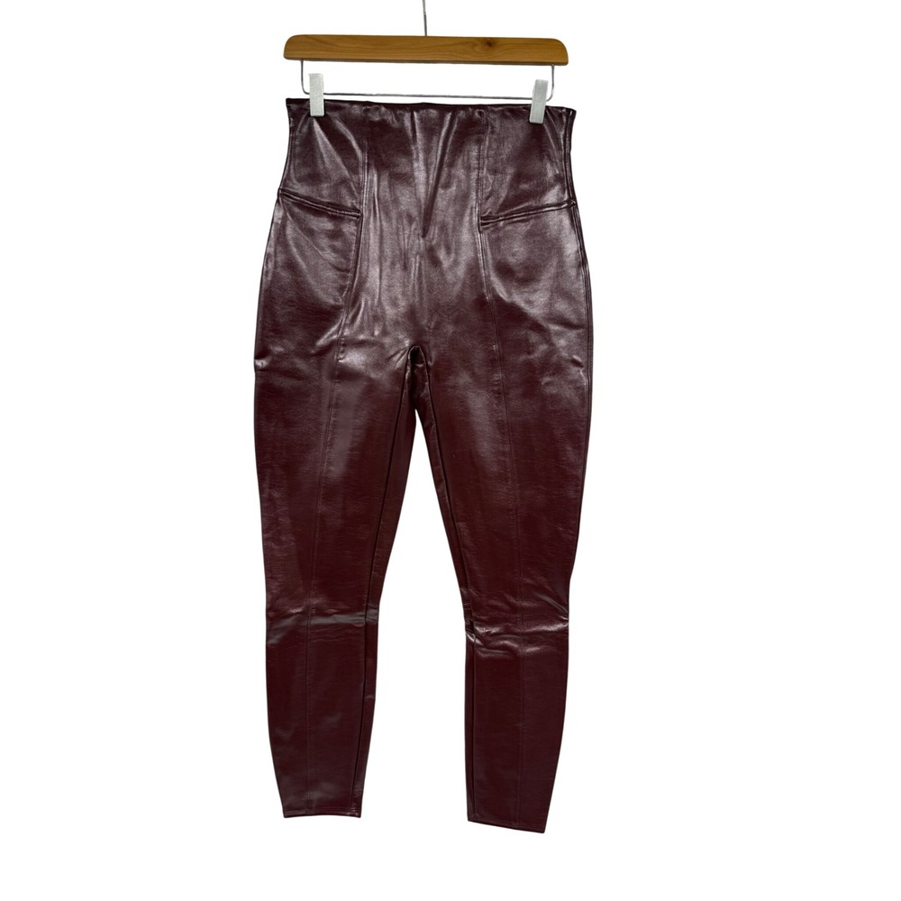 Spanx High Rise Faux Leather Patent Leggings Burgundy Wine Large